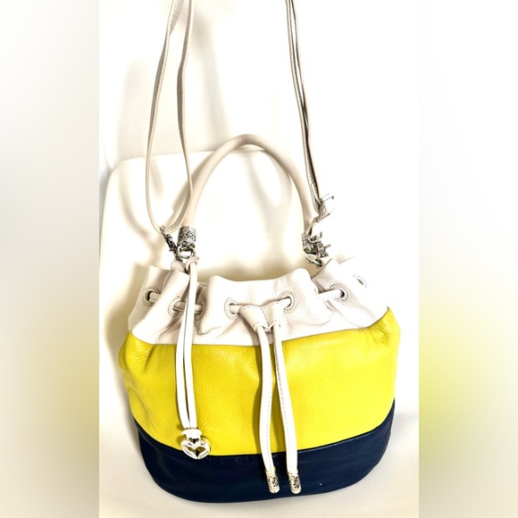 Brighton Leather Drawstring Colorblock Bucket Bag Yellow White Navy Silver Heart - Picture 1 of 15